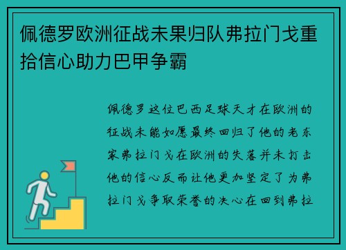 佩德罗欧洲征战未果归队弗拉门戈重拾信心助力巴甲争霸